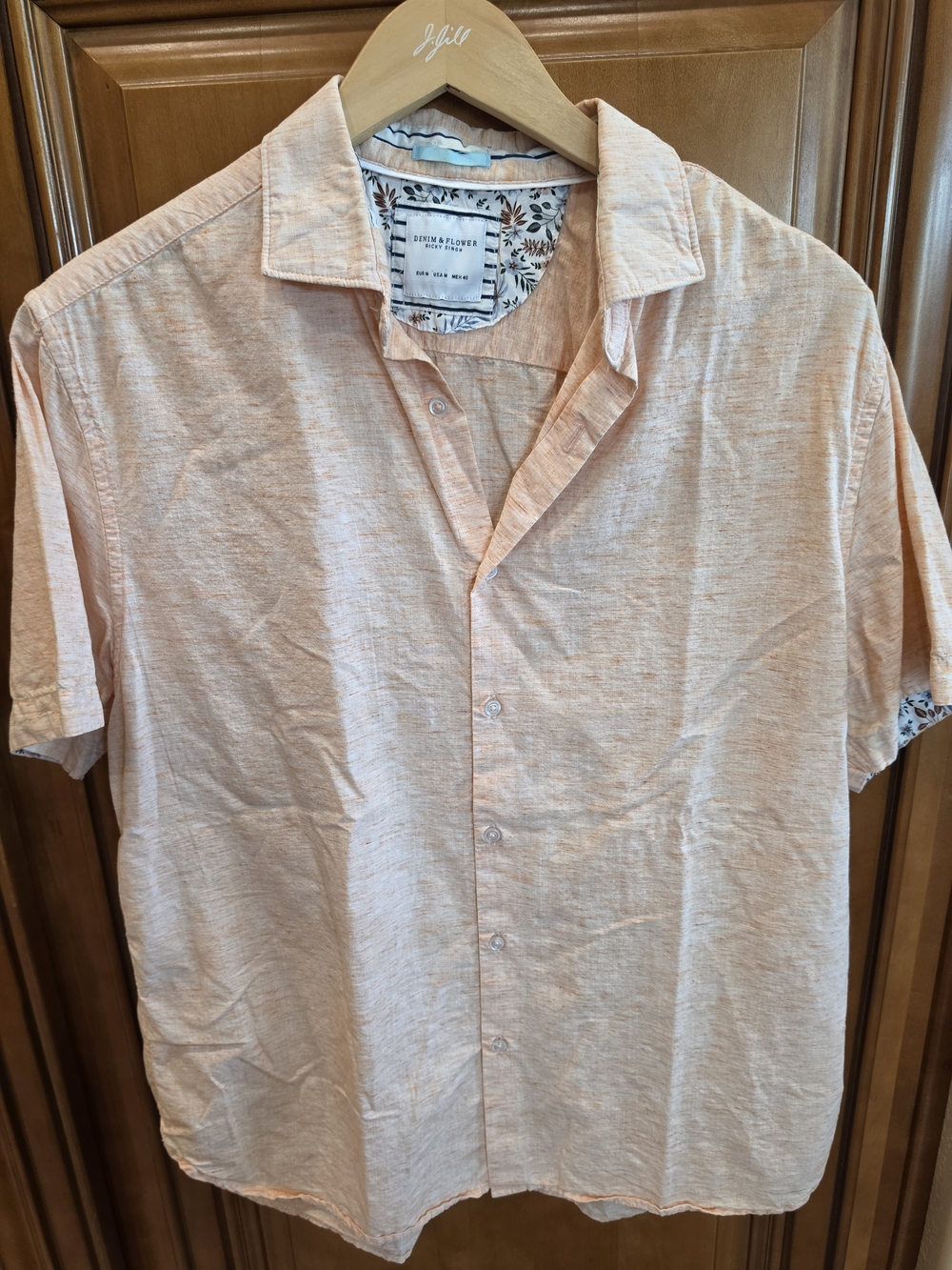 Denim & Flower by Ricky Singh Men's Button-Up Shirt Light Peach Linen Look M EUC